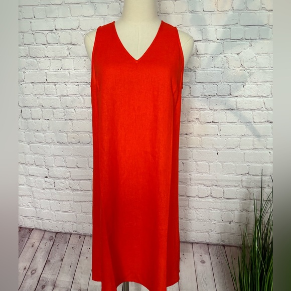 NINE WEST Gina Trapeze Linen Blend Orange V-Neck Sleeveless Dress--10 - Picture 8 of 12
